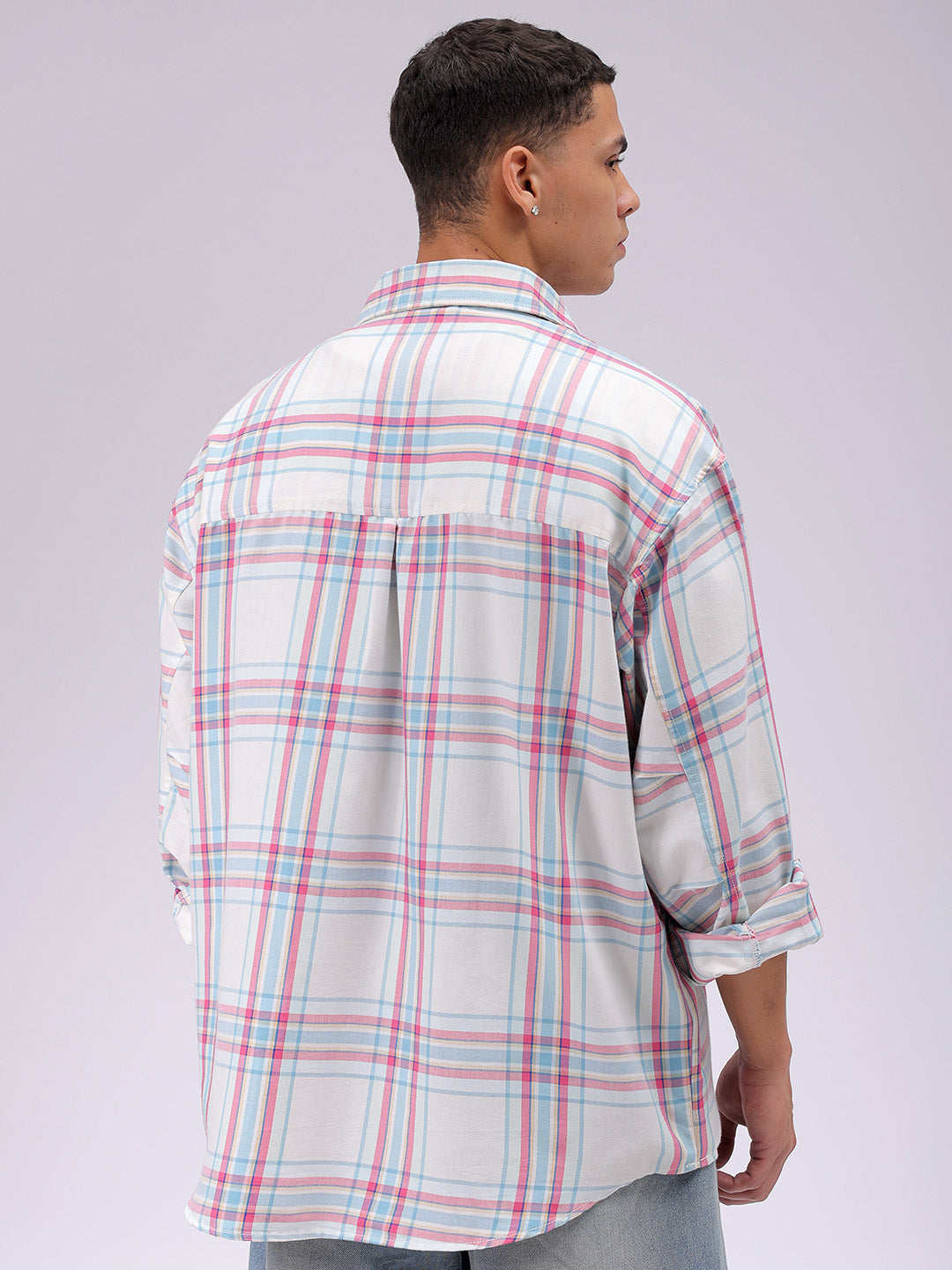 Men's White Oversized Checked Streetwear Shirt