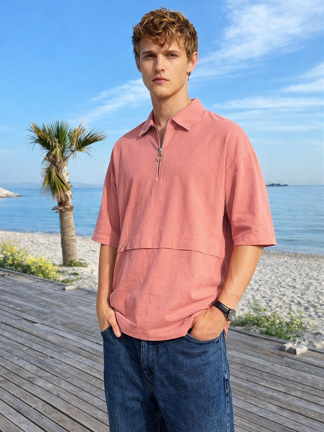 Men's Pink Oversized Fit Solid Korean Street Shirt