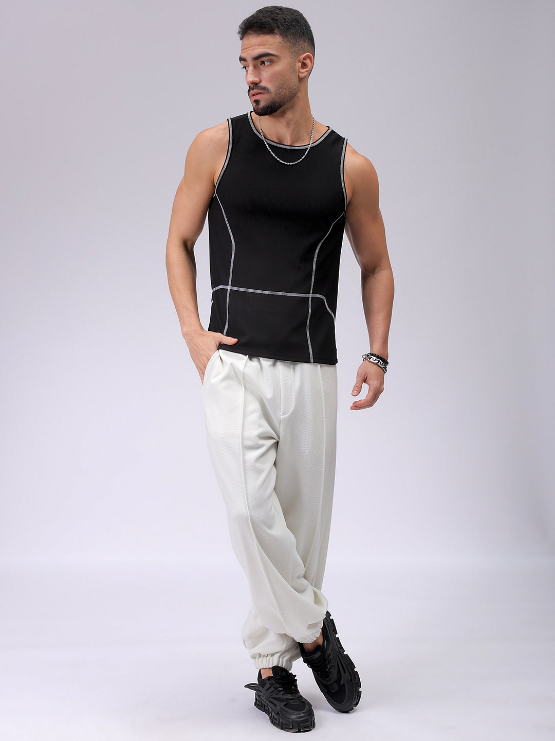 Men's Black Regular Fit Textured Tank Top