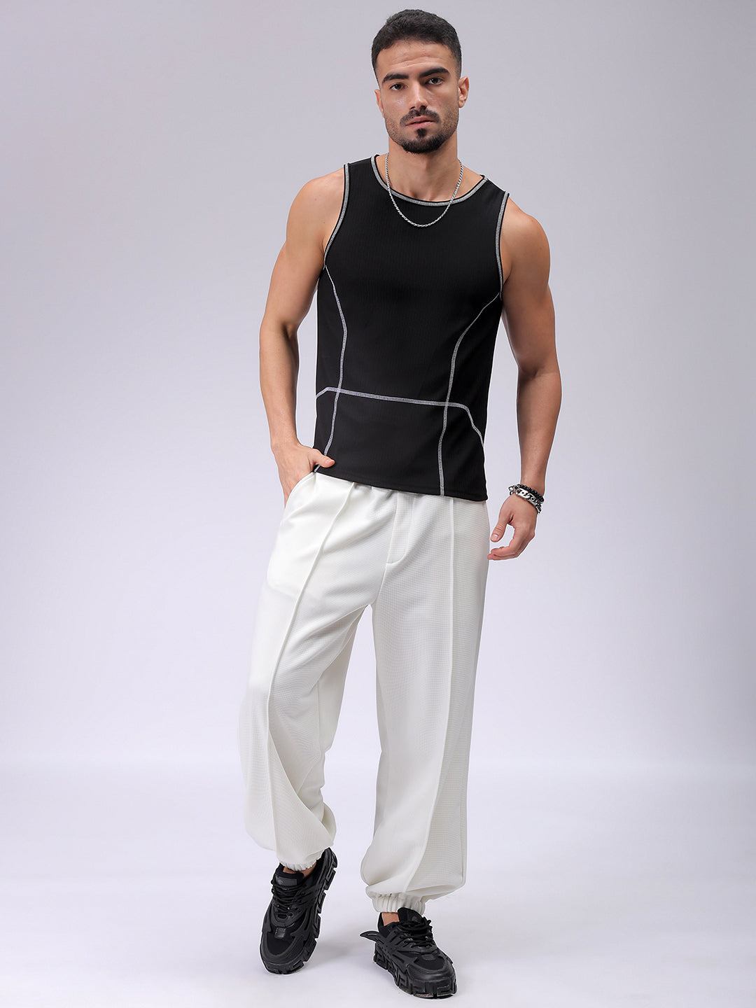 Men's Black Regular Fit Textured Tank Top