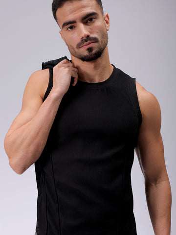 Men's Black Slim Fit Textured Round Neck T-shirt