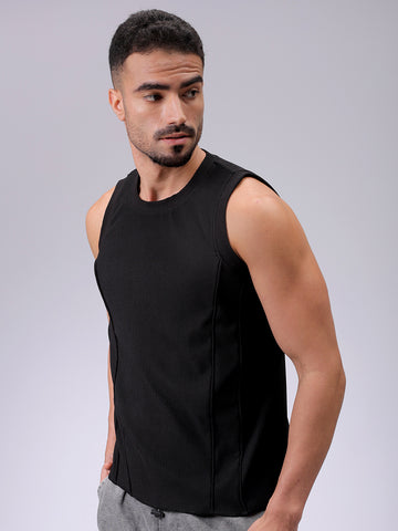 Men's Black Slim Fit Textured Round Neck T-shirt