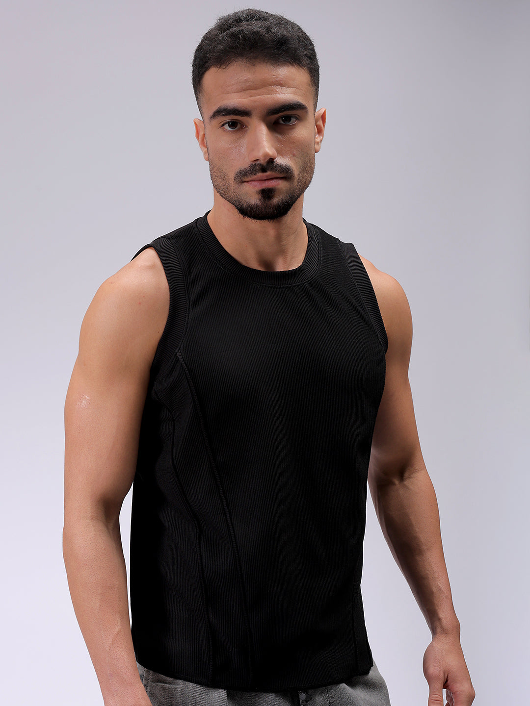 Men's Black Regular Fit Textured Tank Top