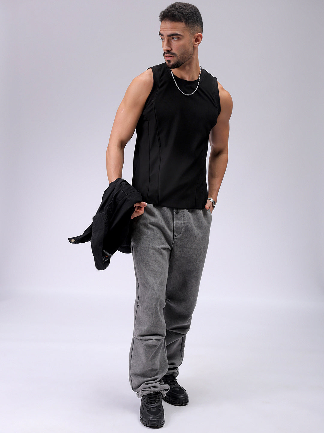 Men's Black Regular Fit Textured Tank Top