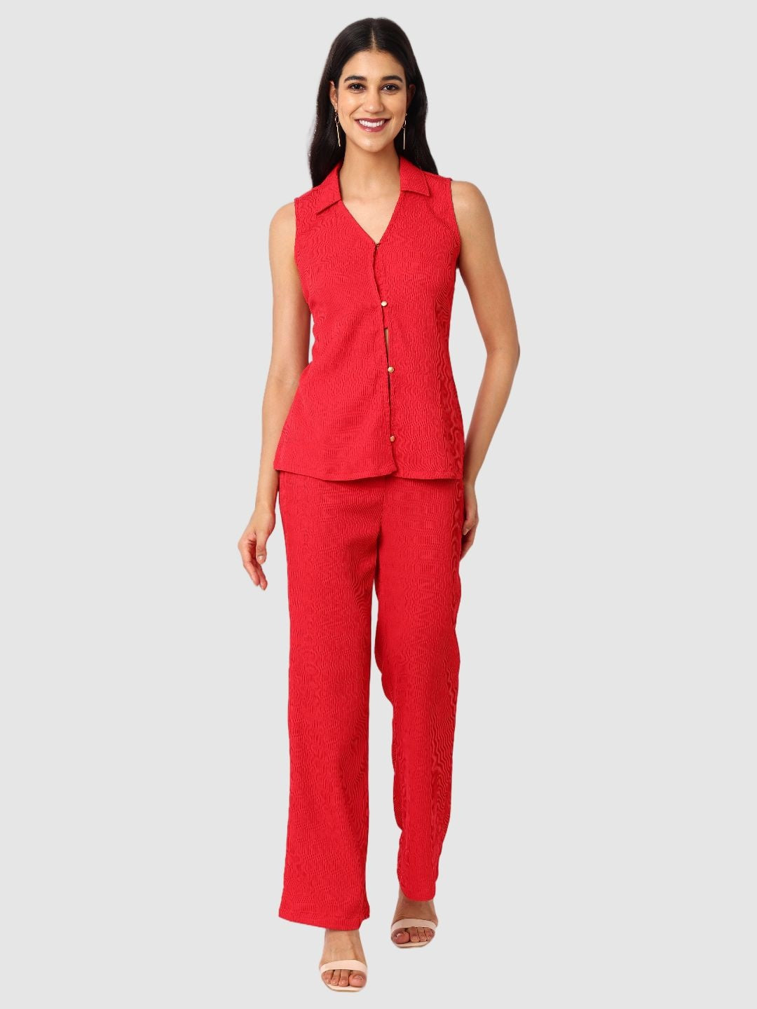 Women's Regular and Bootcut Fit Textured Shirt and Trousers Coordinates