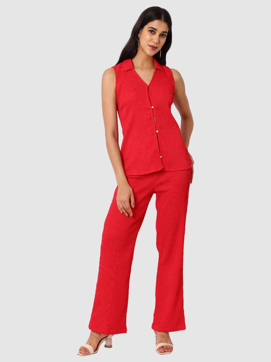 Women's Regular and Bootcut Fit Textured Shirt and Trousers Coordinates