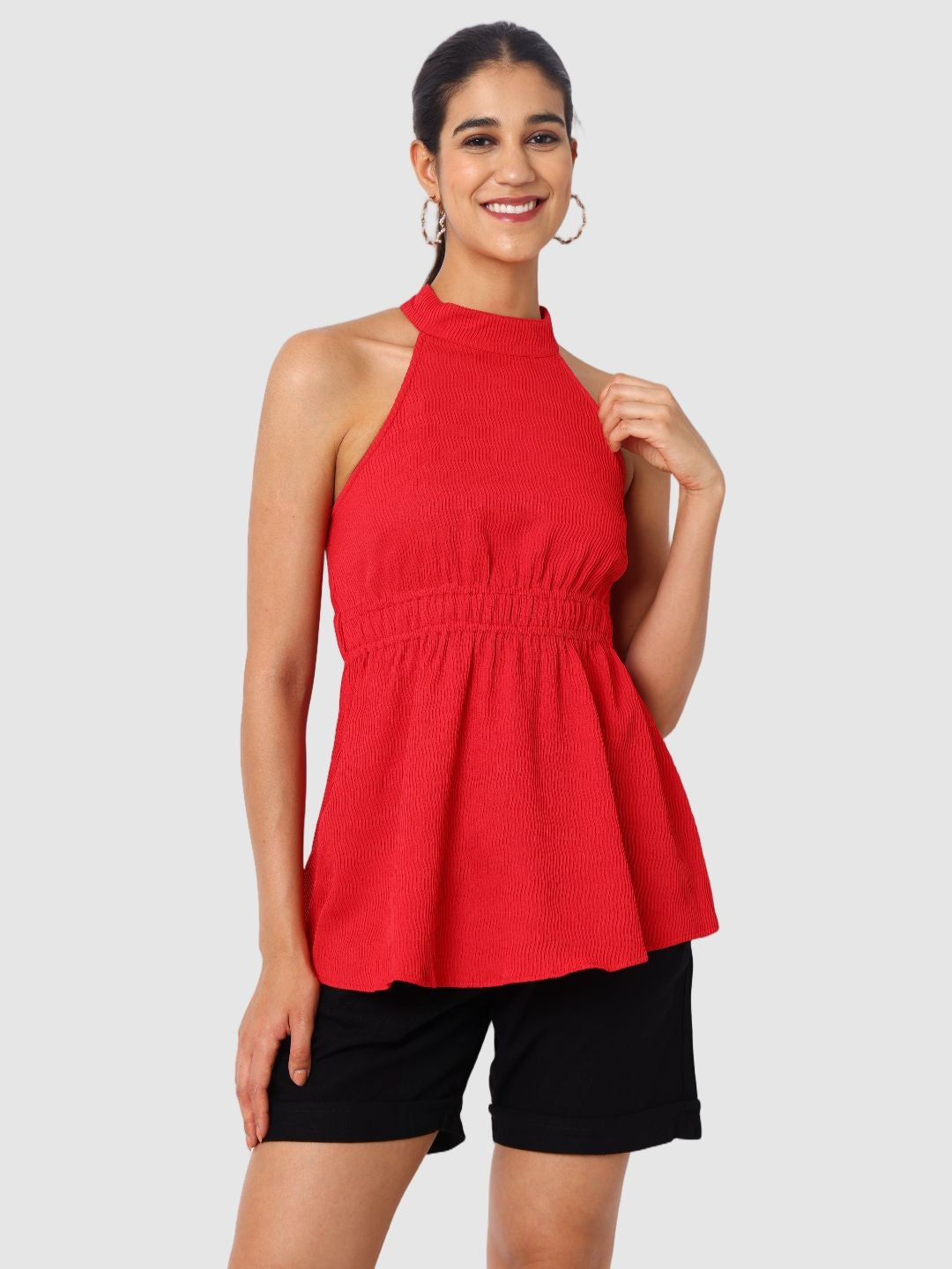 Women's Fit And Flare Textured Peplum Top