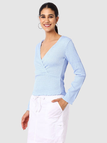 Women's Blue Textured Peplum Top