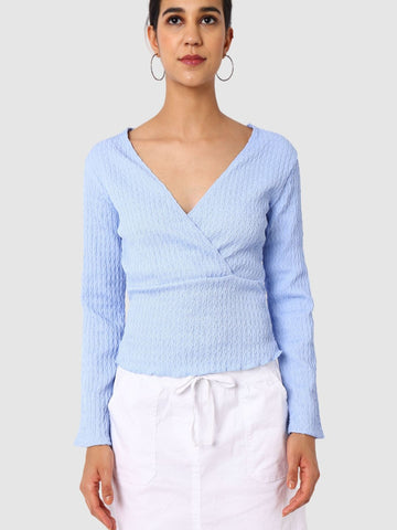 Women's Blue Textured Peplum Top