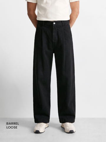 Men's Black Barrel Leg Fit Solid Retro Wear Jeans
