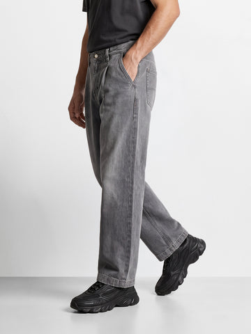 Men's Grey Barrel Loose Fit Solid Casual Jeans