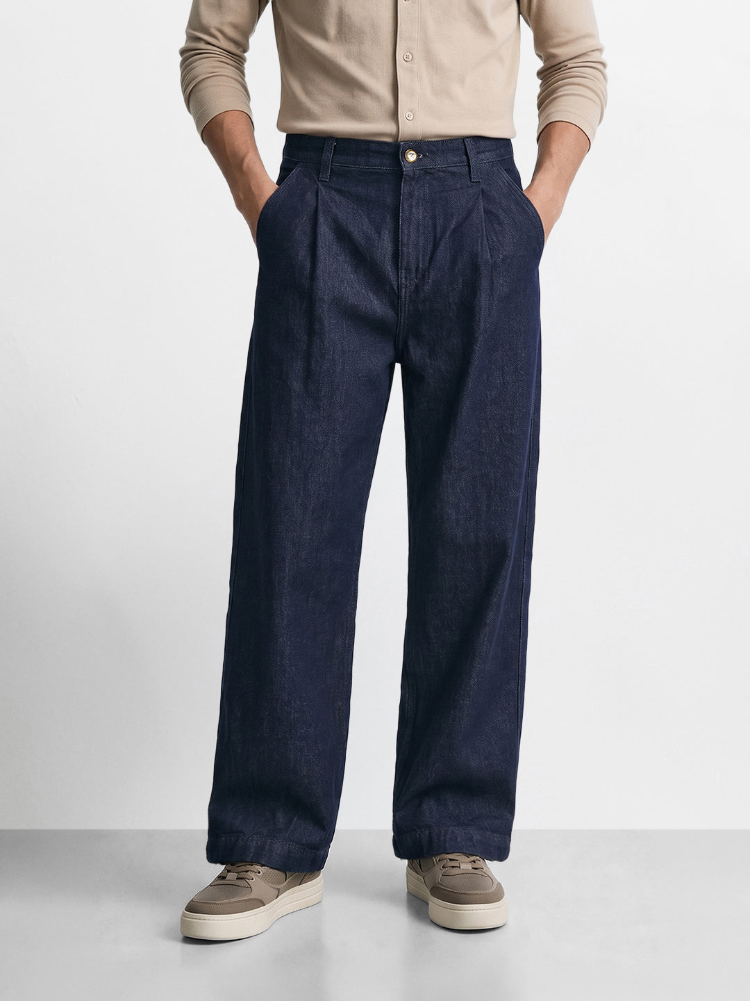 Men's Blue Barrel Leg Fit Solid Retro Wear Jeans
