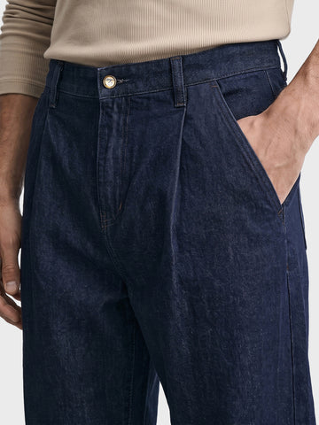 Men's Blue Barrel Leg Fit Solid Retro Wear Jeans