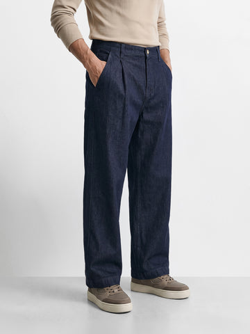 Men's Blue Barrel Leg Fit Solid Retro Wear Jeans