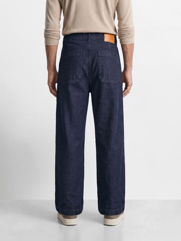 Men's Blue Barrel Leg Fit Solid Retro Wear Jeans