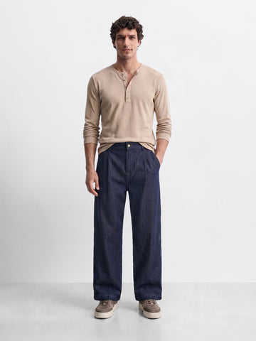 Men's Blue Barrel Leg Fit Solid Retro Wear Jeans