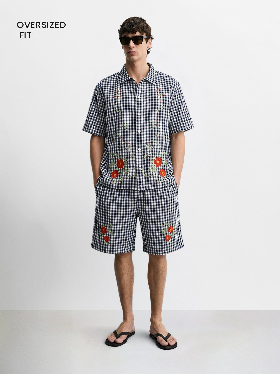Men's Navy Blue Oversized Fit Embroidered Resort Wear Coordinates