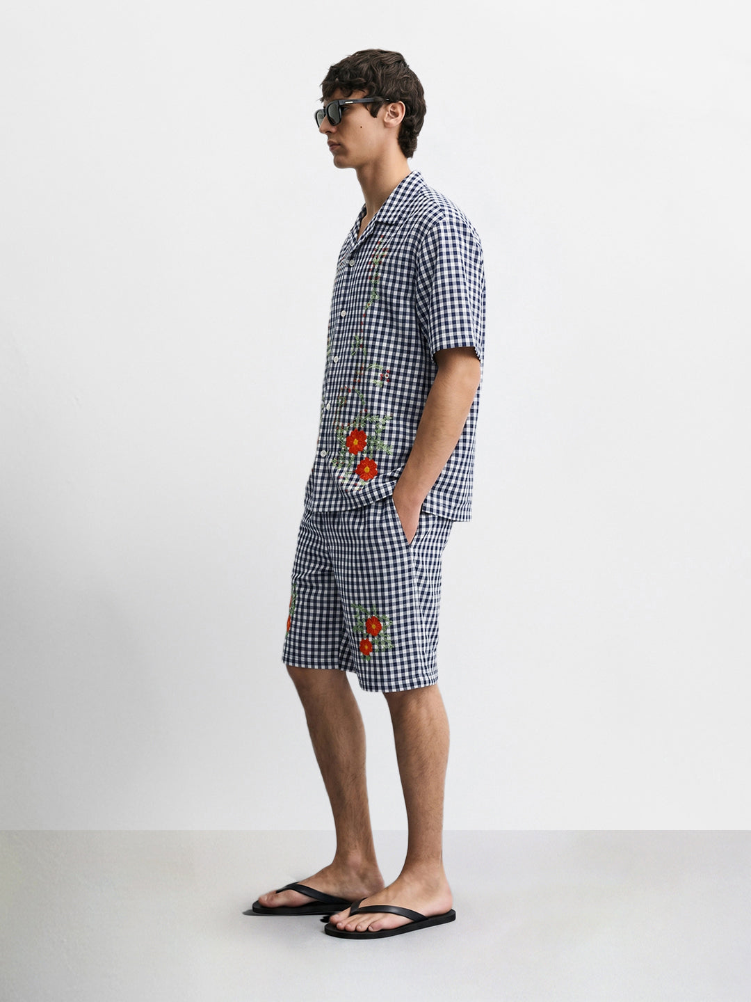 Men's Navy Blue Oversized Fit Embroidered Resort Wear Coordinates