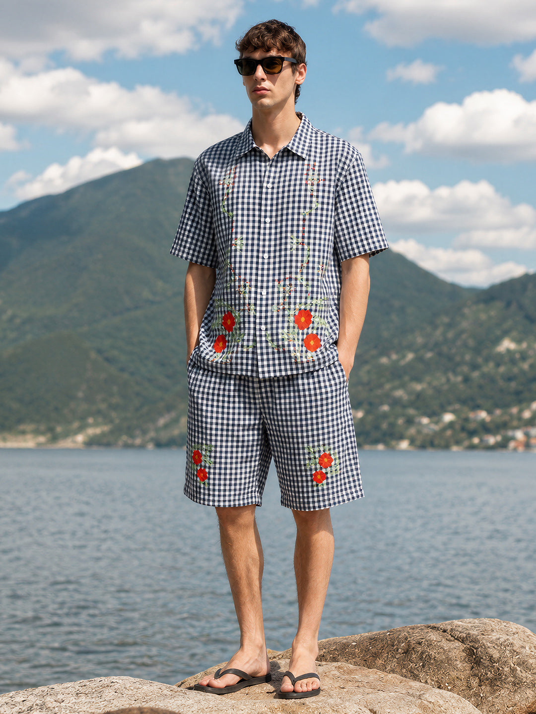 Men's Navy Blue Oversized Fit Embroidered Resort Wear Coordinates