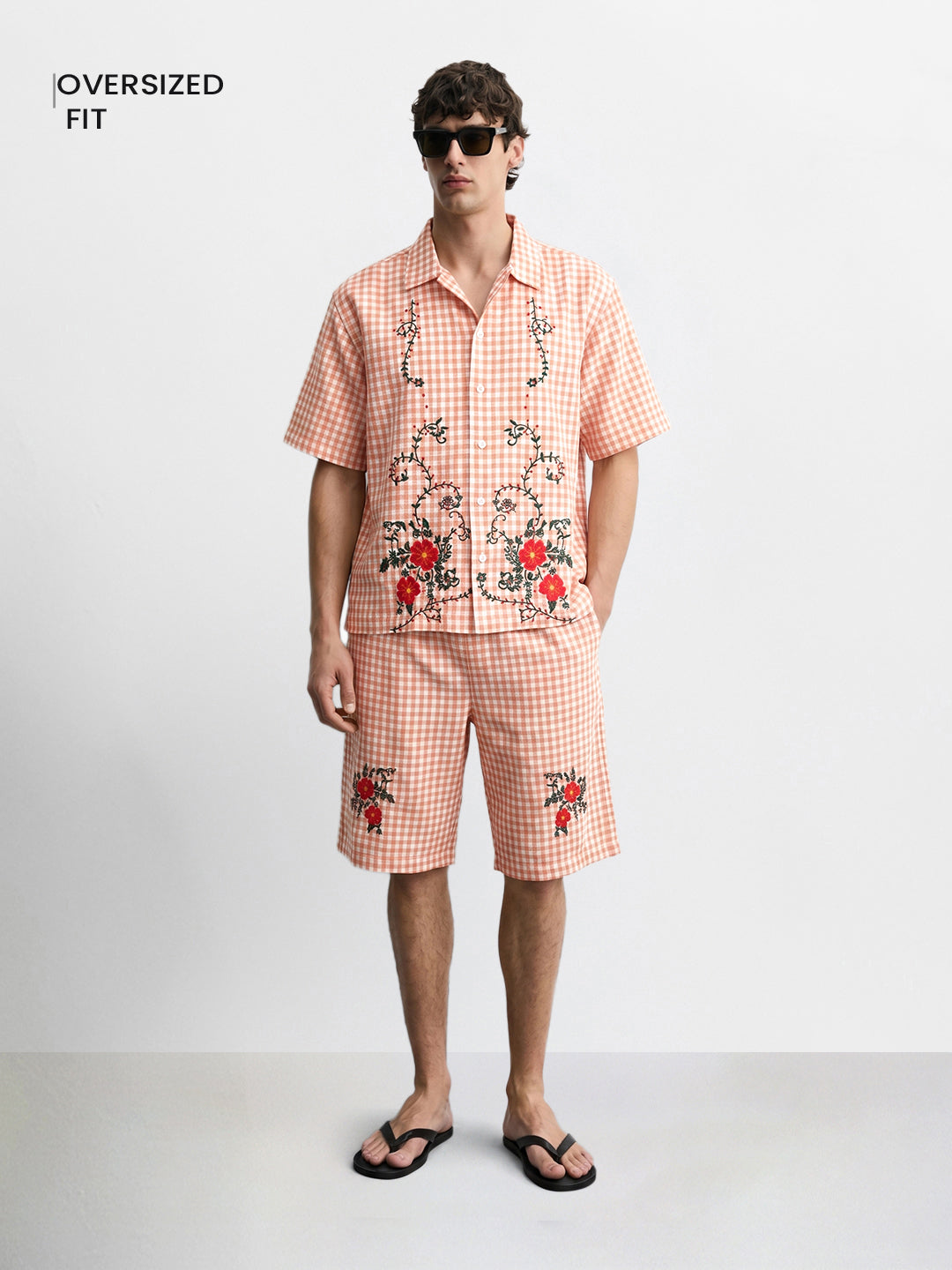 Men's Orange Oversized Fit Embroidered Resort Wear Coordinates