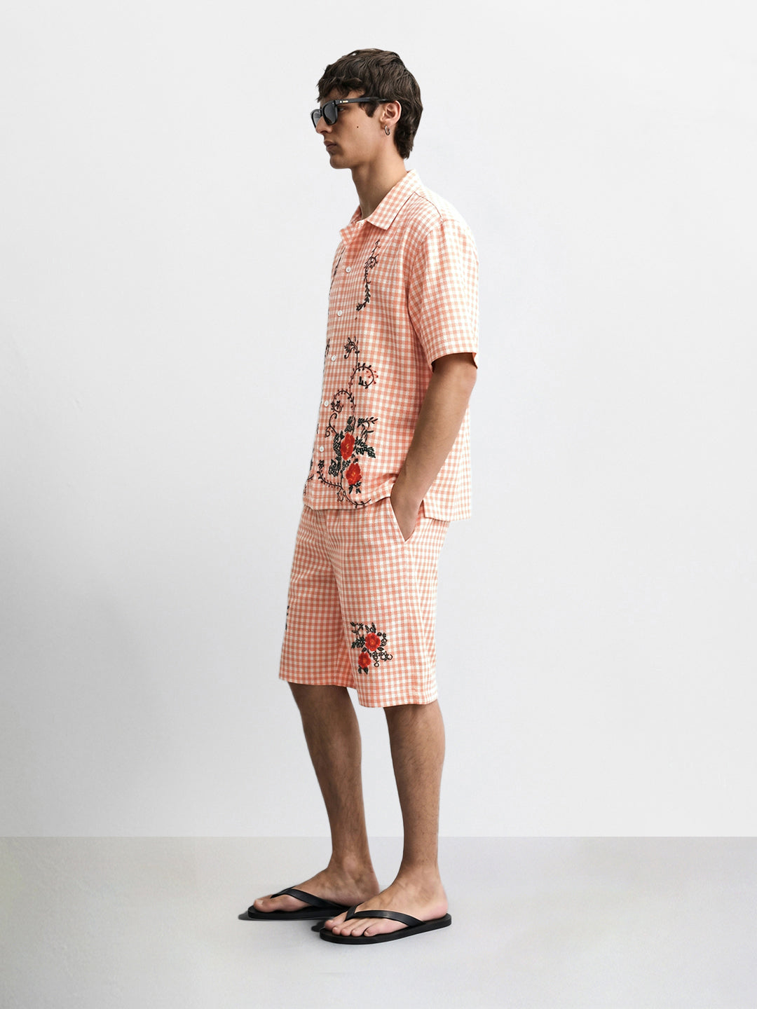 Men's Orange Oversized Fit Embroidered Resort Wear Coordinates