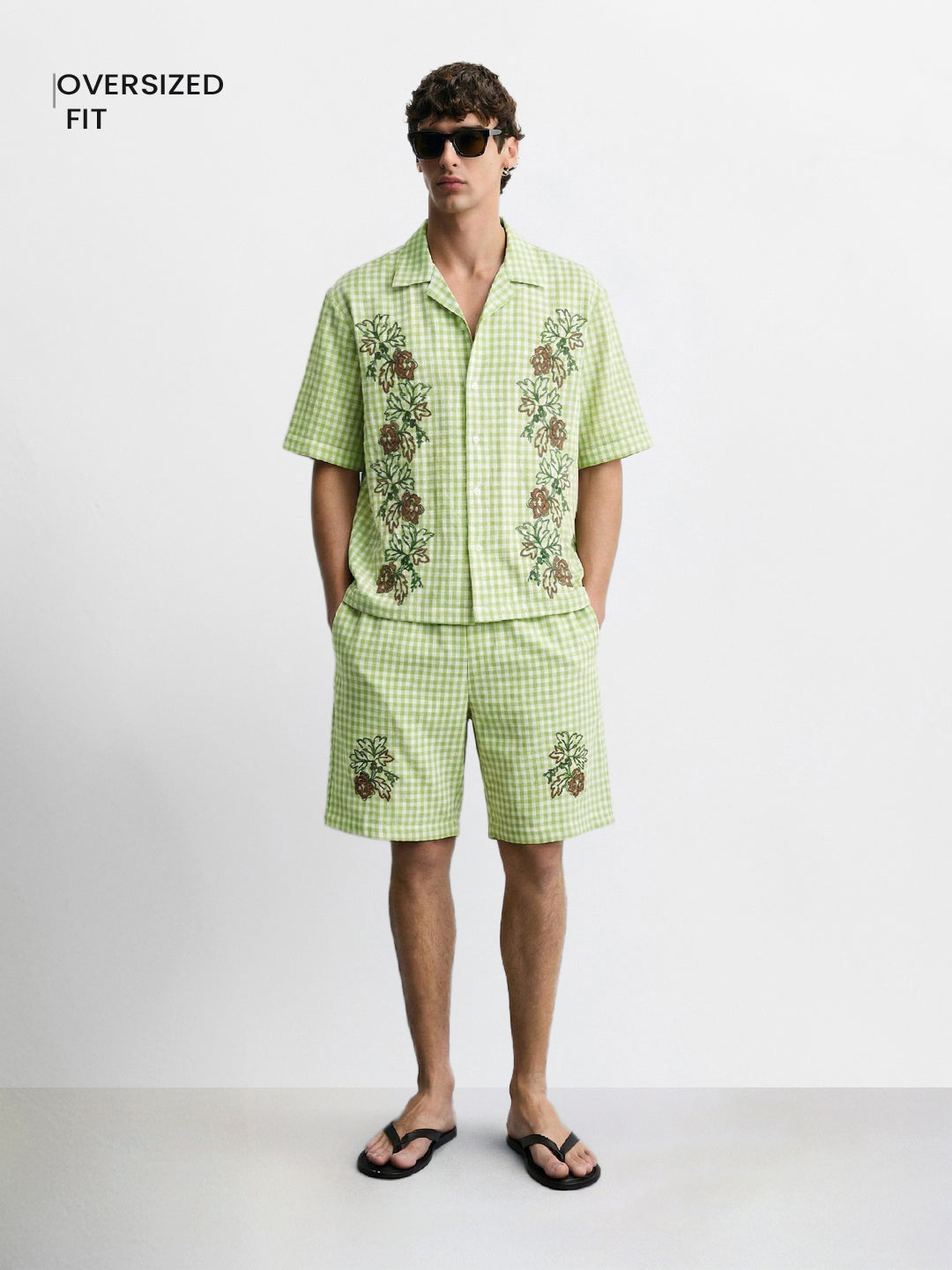 Men's Green Oversized Fit Embroidered Resort Wear Coordinates