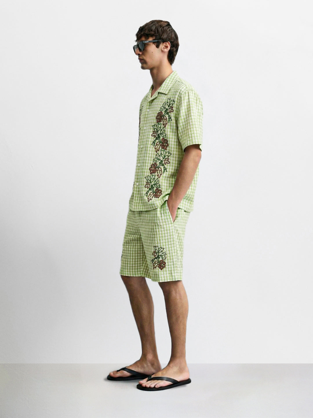 Men's Green Oversized Fit Embroidered Resort Wear Coordinates