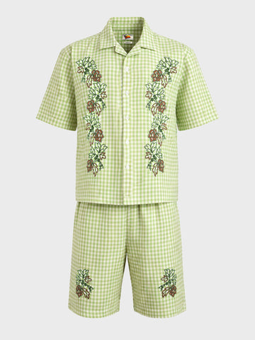Men's Green Oversized Fit Embroidered Resort Wear Coordinates