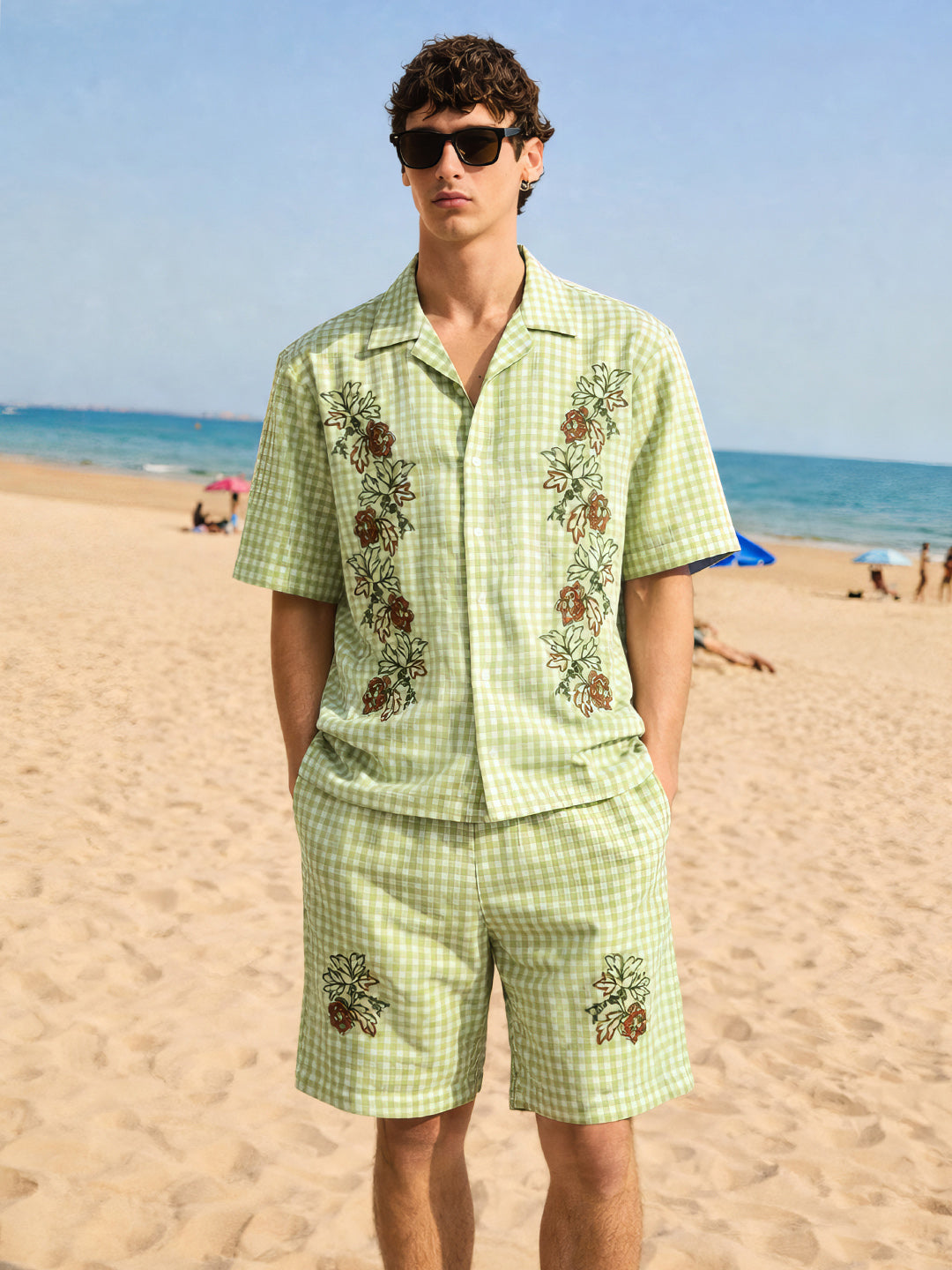 Men's Green Oversized Fit Embroidered Resort Wear Coordinates