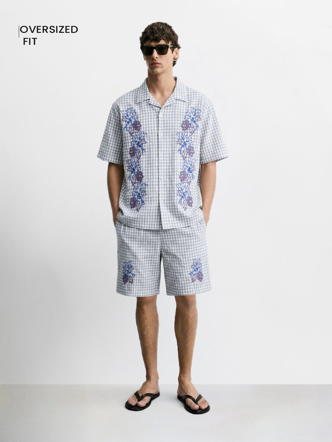 Men's Grey Oversized Fit Embroidered Resort Wear Coordinates