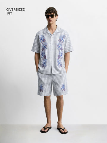 Men's Grey Oversized Fit Embroidered Resort Wear Coordinates