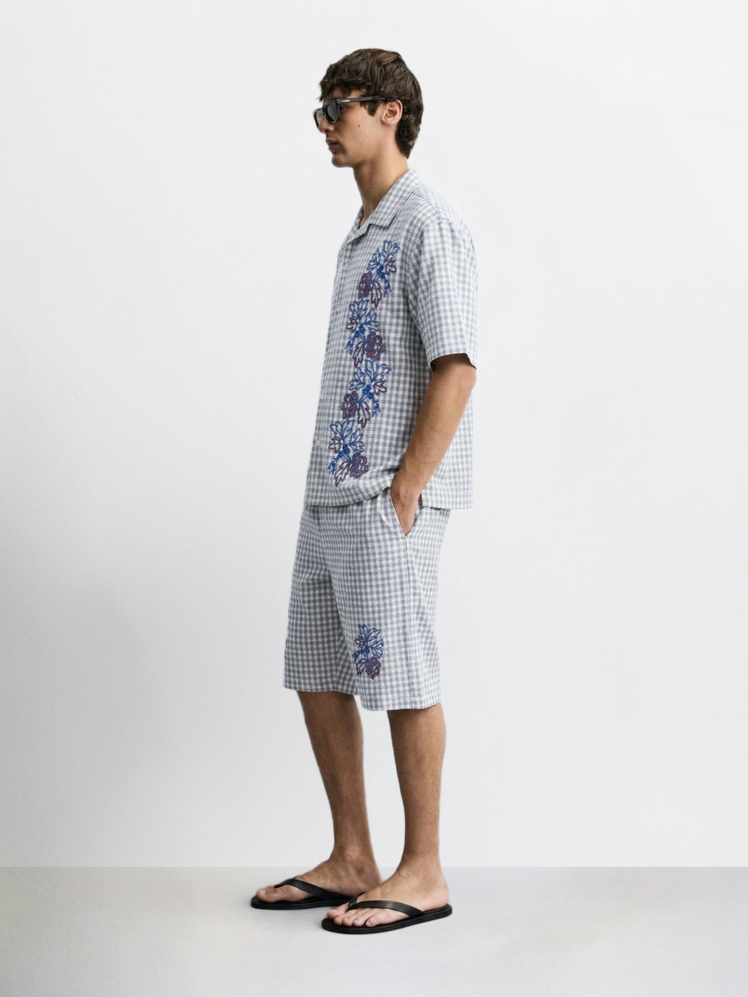 Men's Grey Oversized Fit Embroidered Resort Wear Coordinates