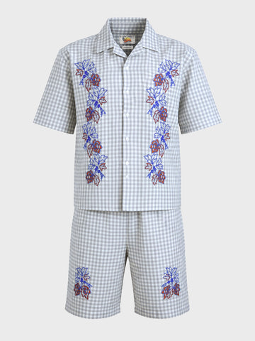 Men's Grey Oversized Fit Embroidered Resort Wear Coordinates