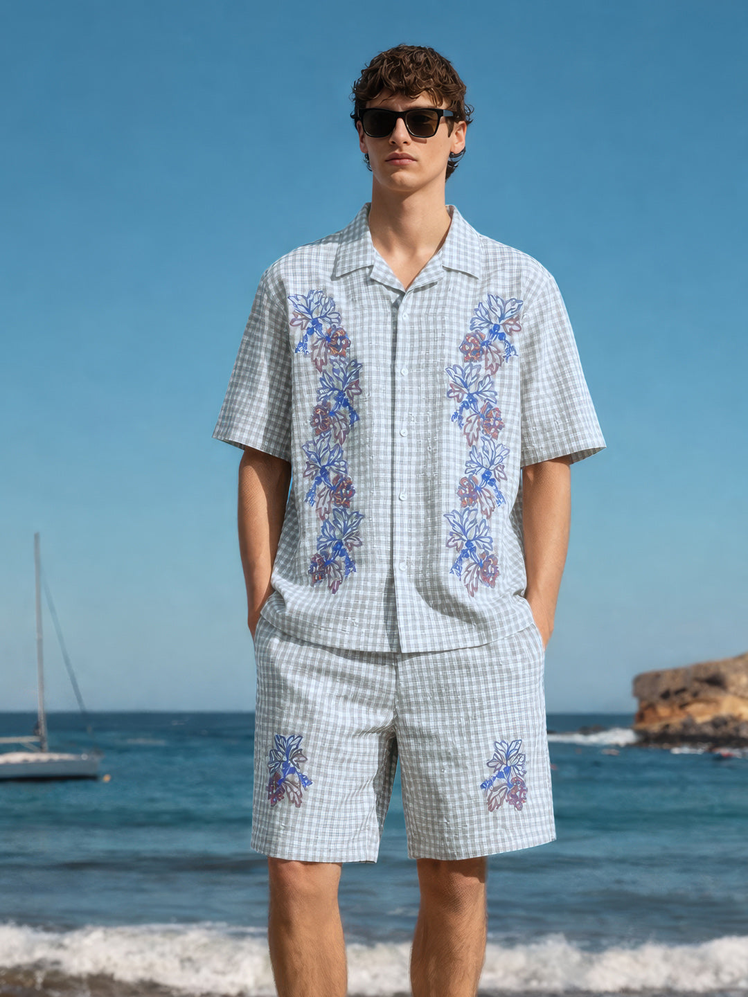 Men's Grey Oversized Fit Embroidered Resort Wear Coordinates