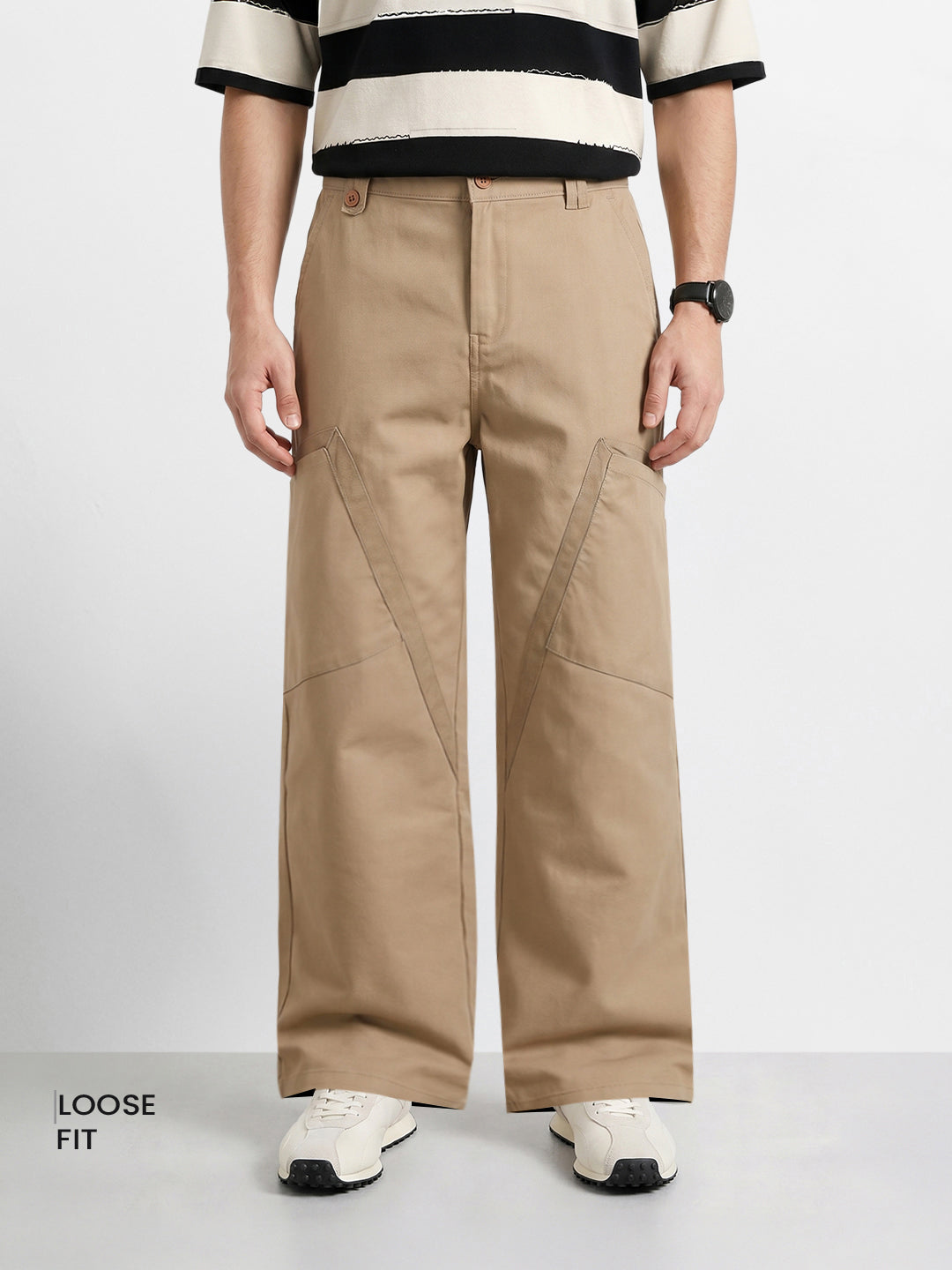 Men's Khaki Loose Fit Textured Utility Cargo