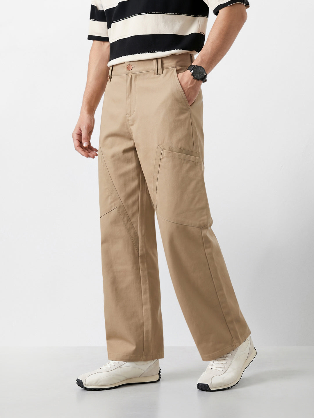 Men's Khaki Loose Fit Textured Utility Cargo