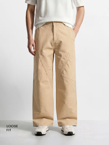 Men's Khaki Loose Fit Textured Utility Cargo