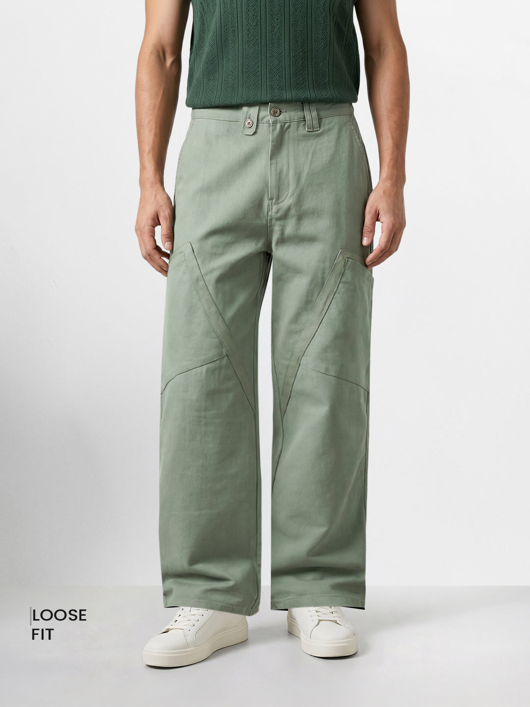 Men's Green Loose Fit Textured Utility Cargo