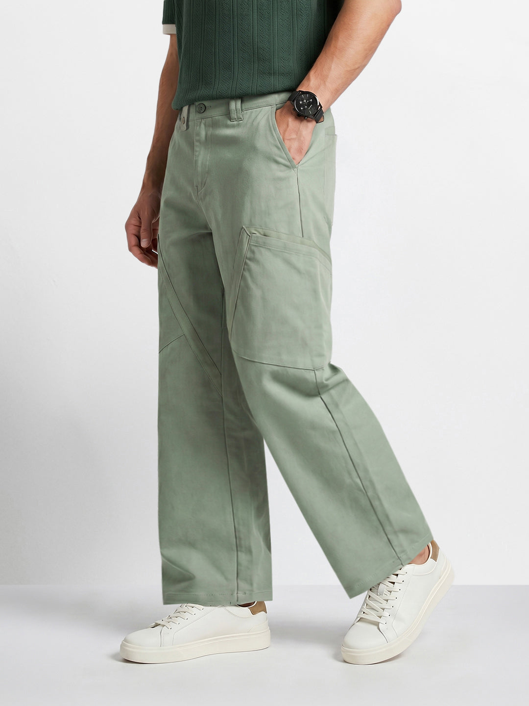Men's Green Loose Fit Textured Utility Cargo