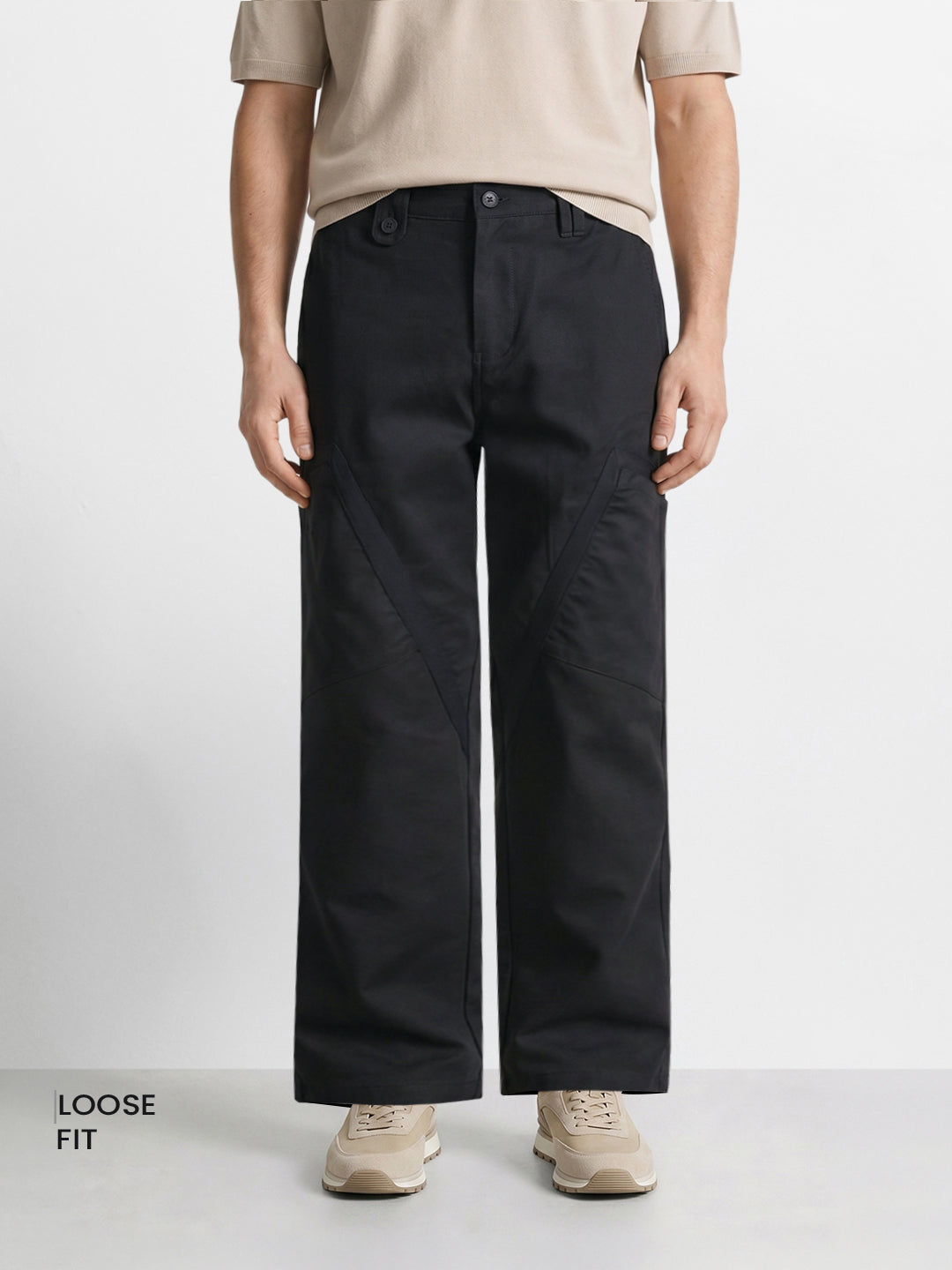 Men's Black Loose Fit Textured Utility Cargo