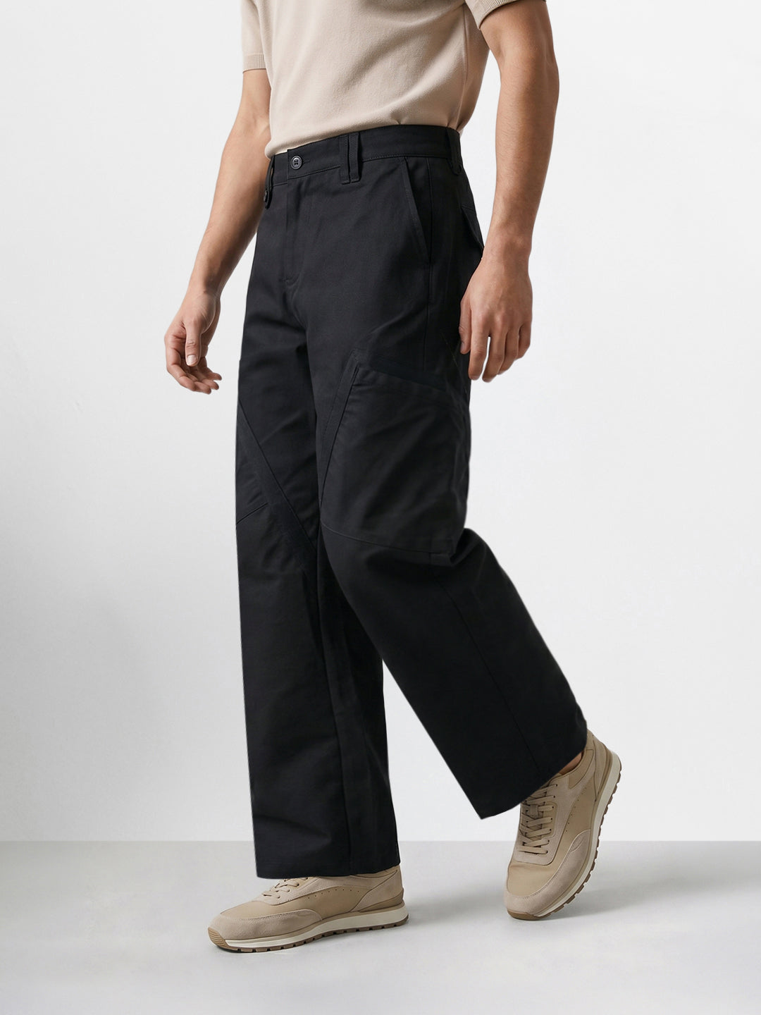Men's Black Loose Fit Textured Utility Cargo