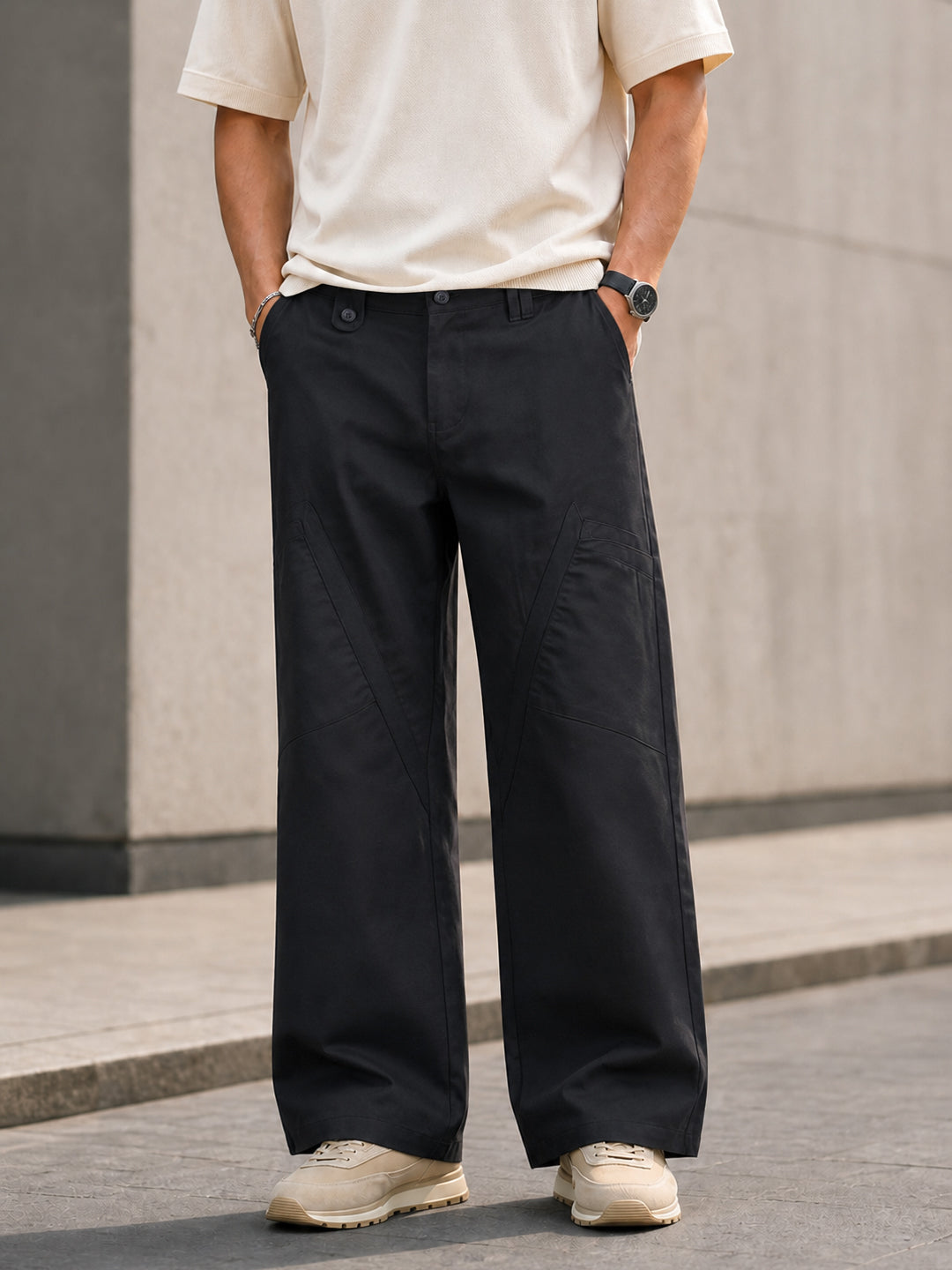 Men's Black Loose Fit Textured Utility Cargo