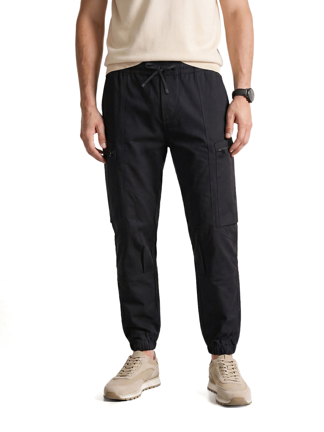 Men's Black Relaxed Fit Solid Utility Cargo