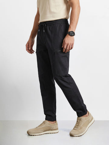 Men's Black Relaxed Fit Solid Utility Cargo
