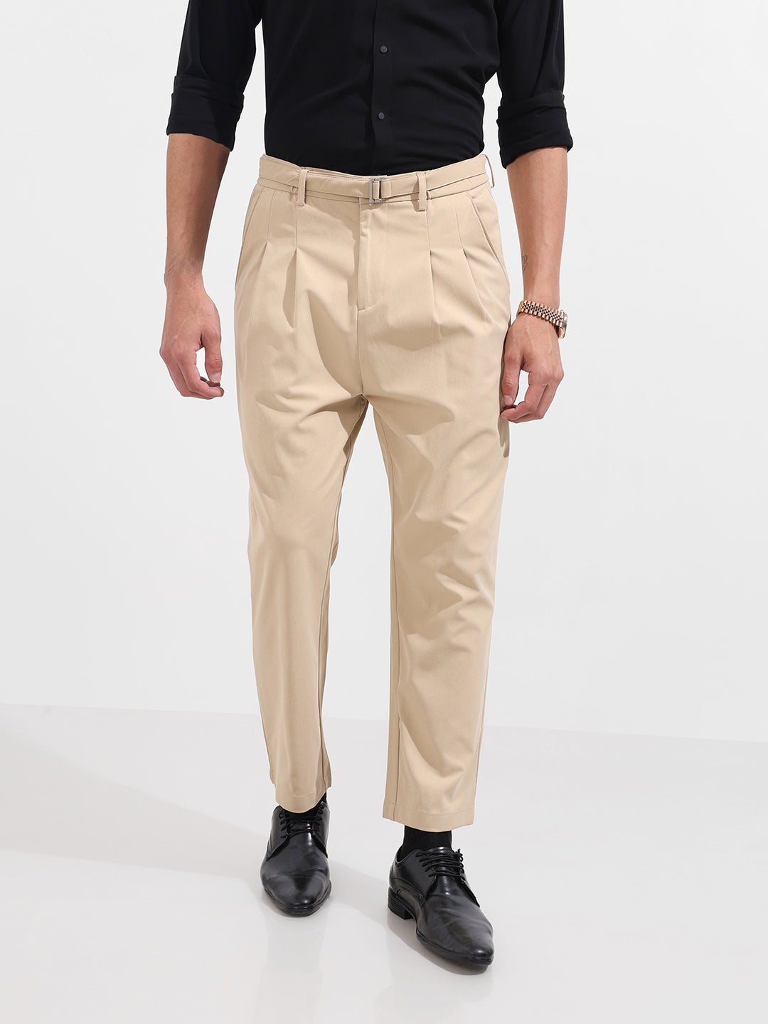 Men's Khaki Relaxed Fit Solid Casual Trousers