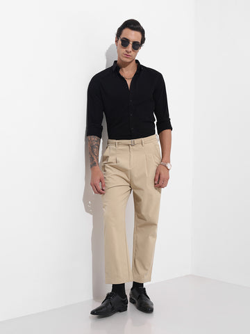 Men's Khaki Relaxed Fit Solid Casual Trousers