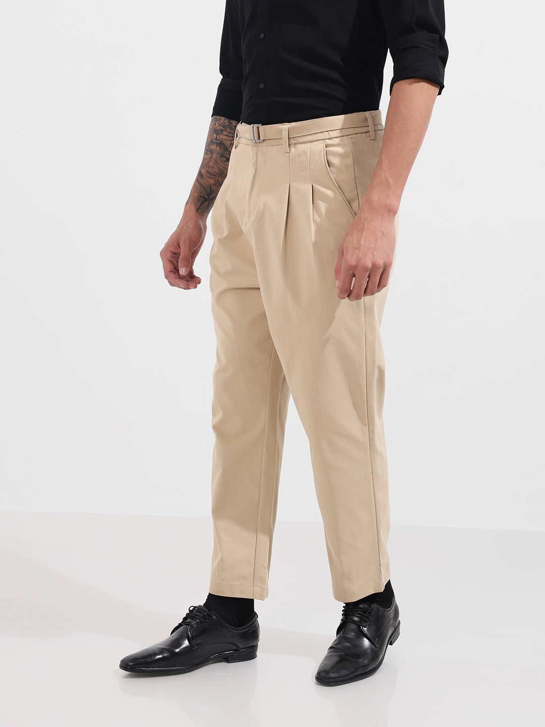 Men's Khaki Relaxed Fit Solid Casual Trousers