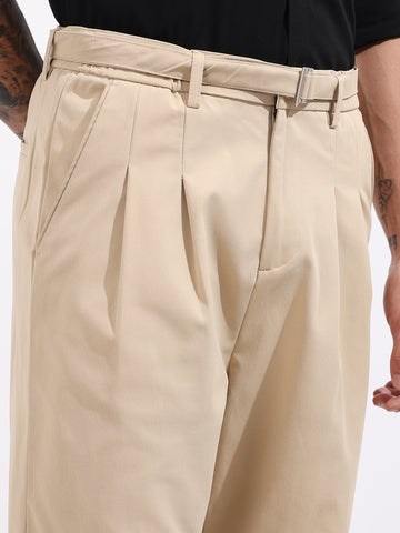 Men's Khaki Relaxed Fit Solid Casual Trousers
