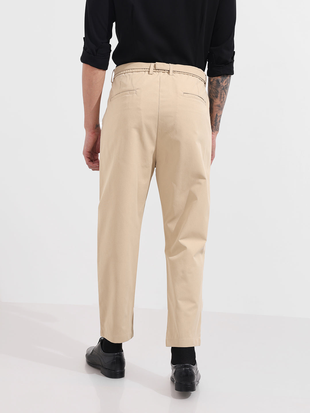 Men's Khaki Relaxed Fit Solid Casual Trousers