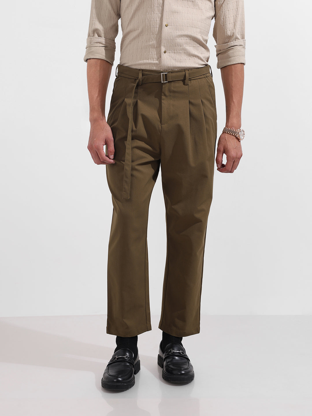 Men's Brown Relaxed Fit Textured Utility Trousers